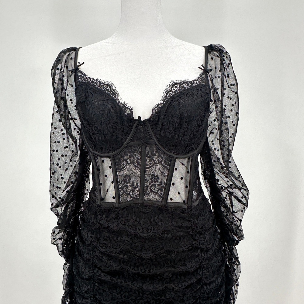 For Love & Lemons Black Lace Polka Dot Corset Sheer Ruched Mini Dress Womens L - Picture 3 of 11